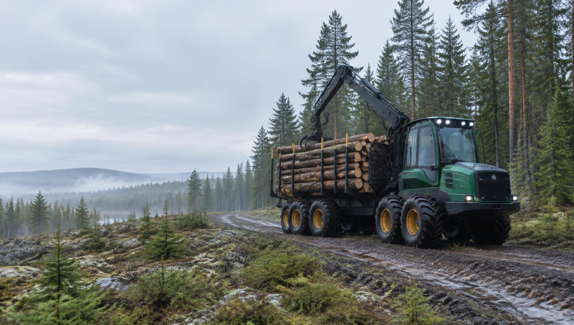 Skotare på skogsväg i nordisk barrskog